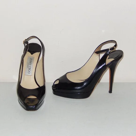 Jimmy Choo Black Patent Peeptoe Slingback Heels Shoes Pumps 36 6 - Picture 2 of 11